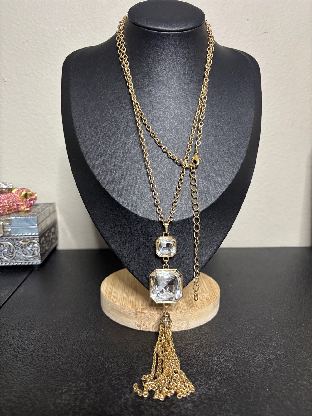 Fashion Gold Tone Tassel Long Pendant Necklace Clear Crystal Drops Statement